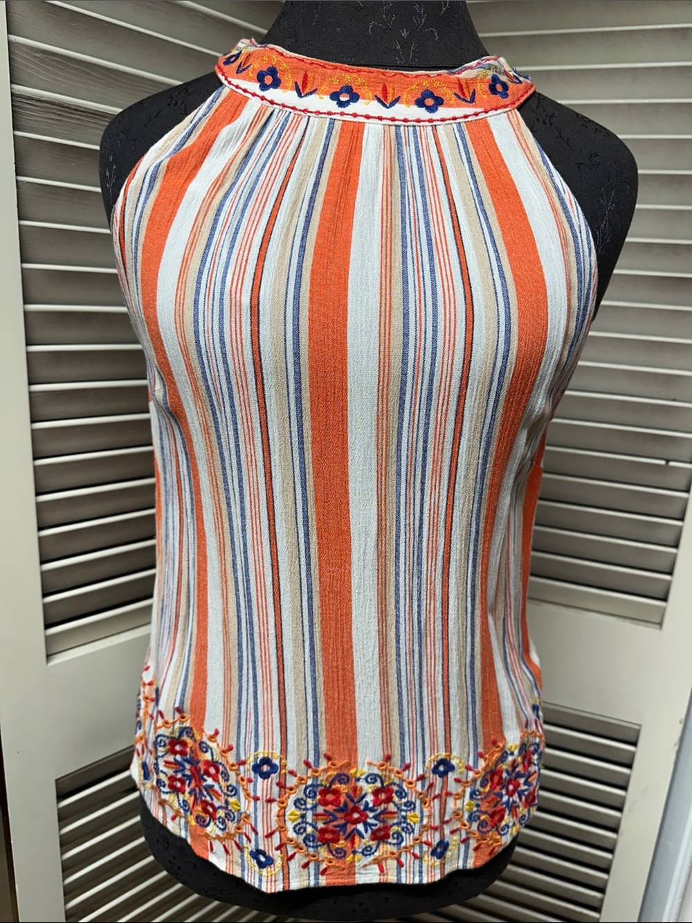 Savanna Jane Orange, White & Blue Striped Halter Camisole with Floral Embroidery